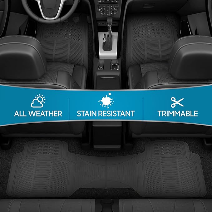 BDK M783 DuraChannel Heavy Duty Rubber Car Floor Mats Liner for Auto - All Weather 3 Piece Set Front & Rear, Fits Car Truck SUV Van, Universal Trim to Fit