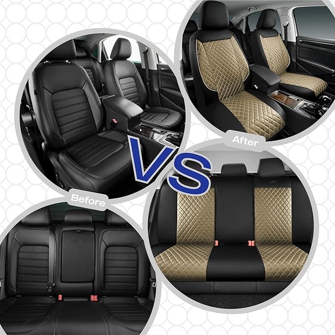 Skechers Car Seat Covers,Piping Luxury Faux Seat Covers,Waterproof Anti Slip Car Seat Protector Front Seats,Car Accessories Airbag Universal Fit for Most Cars,Vans,Trucks,SUV,Beige