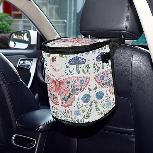 MNSRUU Car Trash Can with Lid, Butterfly Mushroom Flower Car Trash Bag Hanging Organizers and Storage for Front Back Seat, Leak-Proof Trash Bin