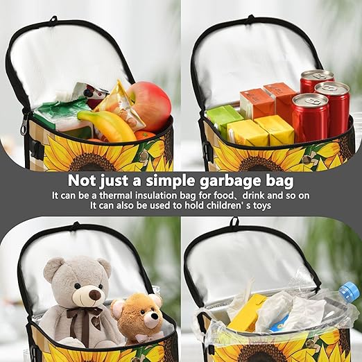 MNSRUU Car Trash Can with Lid, Sunflowers on A Plaid Car Trash Bag Hanging Organizers and Storage for Front Back Seat, Leak-Proof Trash Bin