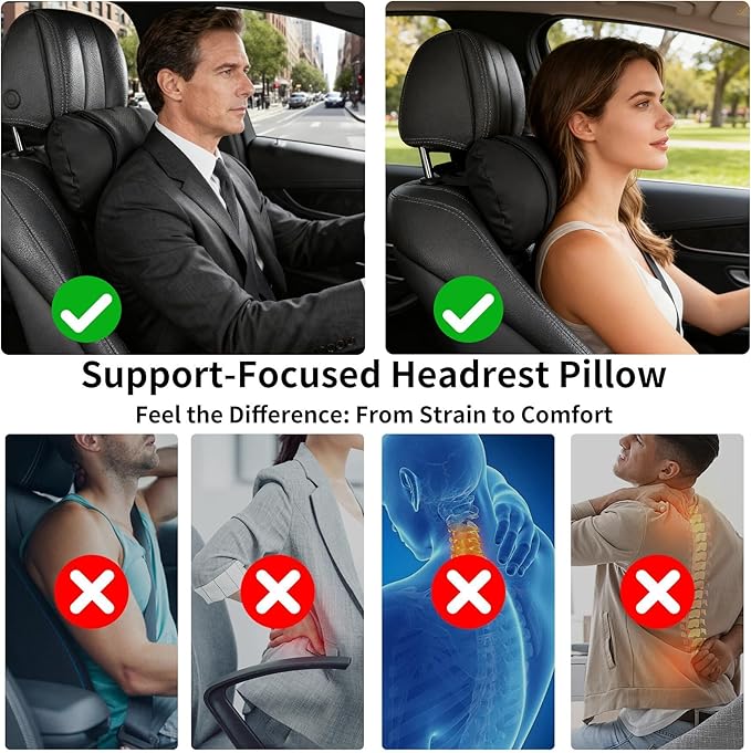 WEIHAO Car Neck Pillow with Adjustable Straps, Ergonomic Head Rest Pillow for Car Seat, Soft Leather Headrest Pillow Car Neck Support Pillow for Driving Office Gaming Chairs Neck Pillow (Black-1PC)