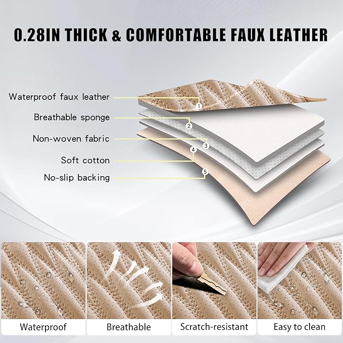 WELLDO Car Seat Covers Full Set,Nappa Leather Seat Covers for Car, Waterproof Car Seat Protector with Lumbar Support, Automotive Seat Covers Universal Fit for Most Cars SUV Truck,Beige