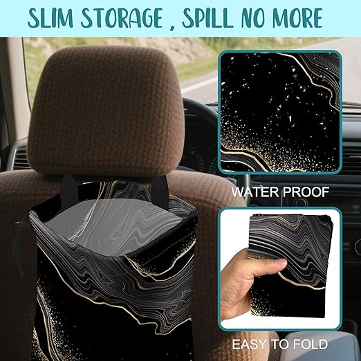 KXWQTRDD Car Garbage Bag Abstract Marble Golden Veins Drawstring Car Trash Bag Hanging for Back Seat with Adjustable Buckle Canvas Vehicle Trash Can Easy-to-Install