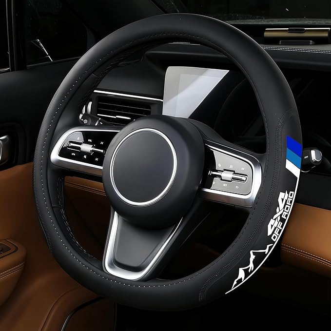 Non-Slip Leather Tri-Color Mountain Steering Wheel Cover Compatible with Toyota Tacoma TRD 4Runner Tundra Highlander Accessories Fit for 14.5-15inch Steering Wheel (Blue 4X4)