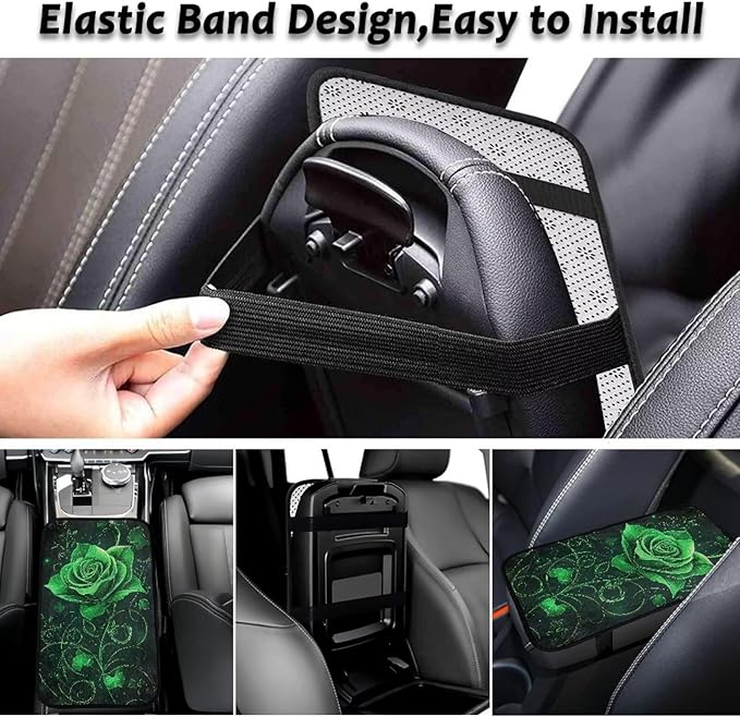 Bulopur Green Rose Car Center Console Cover Thickened Arm Rest Cover Car Flannel Easy to Install Car Interior Automotive Universal Size Fit for Most Cars SUVs Trucks Vans