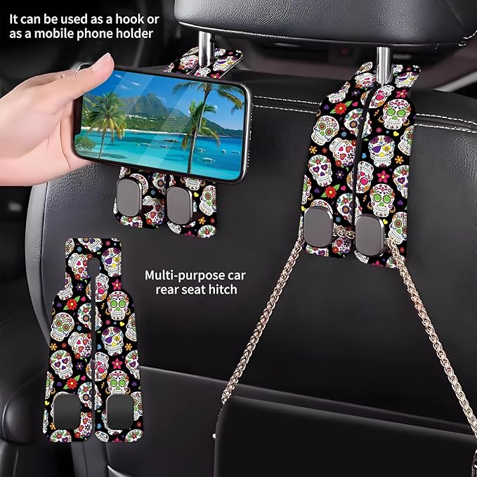 AXBSAKDI Car Seat Back Storage Headrest Hook, Premium Leather Double Metal Hook, Hanger Storage Organizer for Purse Cloth Bag, Car Interior Accessories Luxury Flower Skull