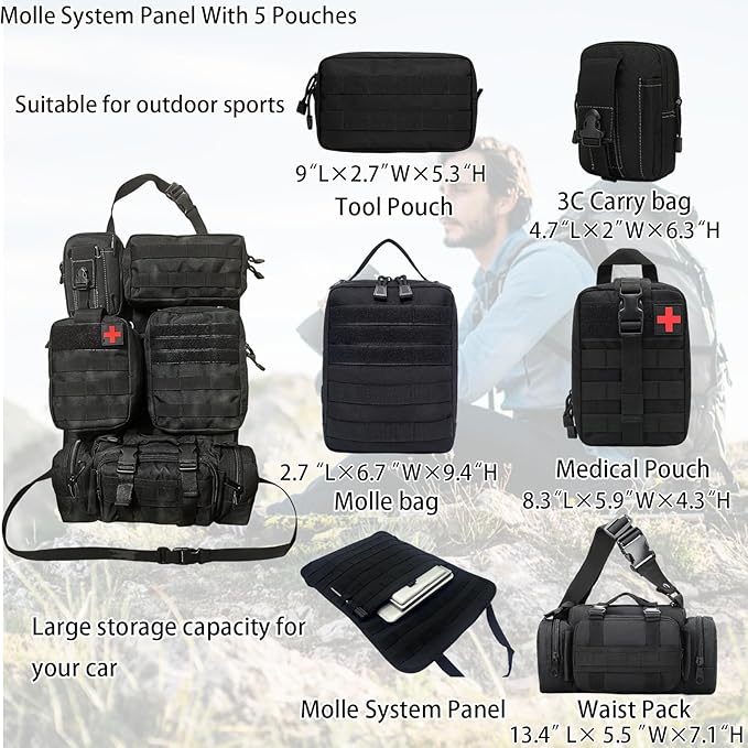 MEAUTELE Tactical Car Seat Back Organizer With 5 Detachable Pouches Upgrade Tactical Molle Vehicle Panel Organizer Universal fits for Most of Car Truck Ford Jeep Vehicle