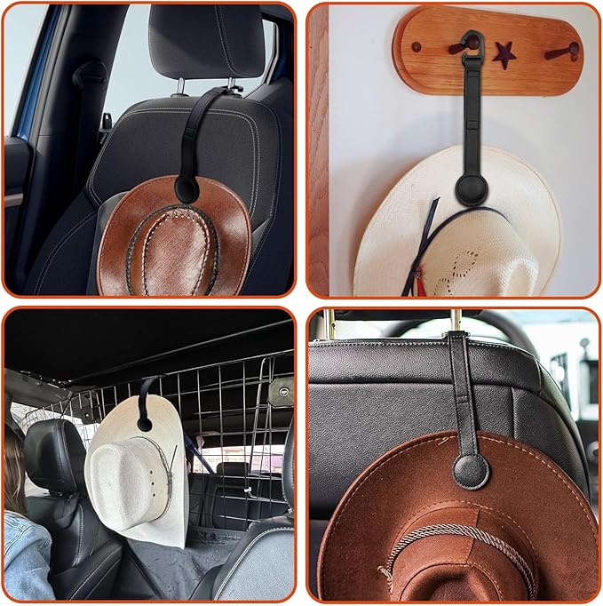 2 Pack Cowboy Hat Holder for Truck, Leather Magnetic Cap Clip, Truck Car Seat Hat Organizer Accessories for Men and Women, Suitable for Car, SUV, Pickup Seat Back Headrest Hat Clip Storage (Black)
