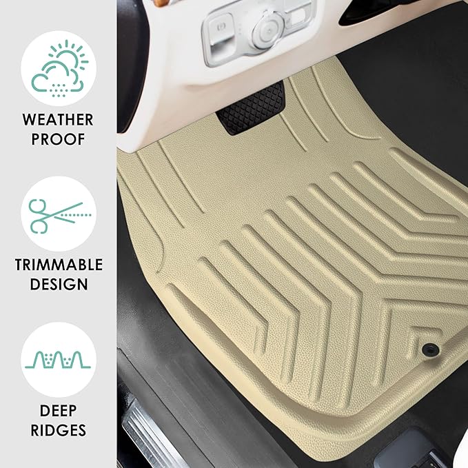 FH Group Faux Leather Deep Dish Floor Mats, Beige, Universal Fit, Set of 4, Trim-to-Fit Car Mats for Most Sedan, SUV, Truck