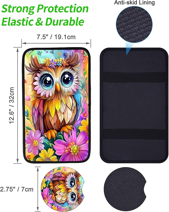 JANENFNA Car Armrest Cover Pads Universal Fashion Cute Auto Center Console Armrest Cover Pad with 2PCS Car Coasters Soft Waterproof Car Armrest Seat Protector for Women,Colorful Owl-A