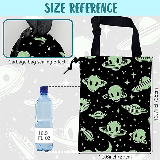 KXWQTRDD Car Trash Bag Abstract Green Aliens and UFO Leak-Proof Car Garbage Bag with Drawstring Foldable Canvas Trash Bin with Adjustable Buckle for Car Accessories