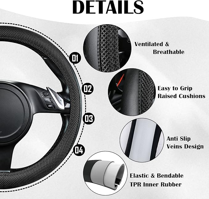 CAR PASS 3D Air Mesh Car Seat Covers Full Sets w/5mm Sponge, 4Pcs Waterproof Car Floor Mats, Steering Wheel Cover Universal Fit for SUV Sedan Truck, Airbag Compatible Automotive Interior(Black)