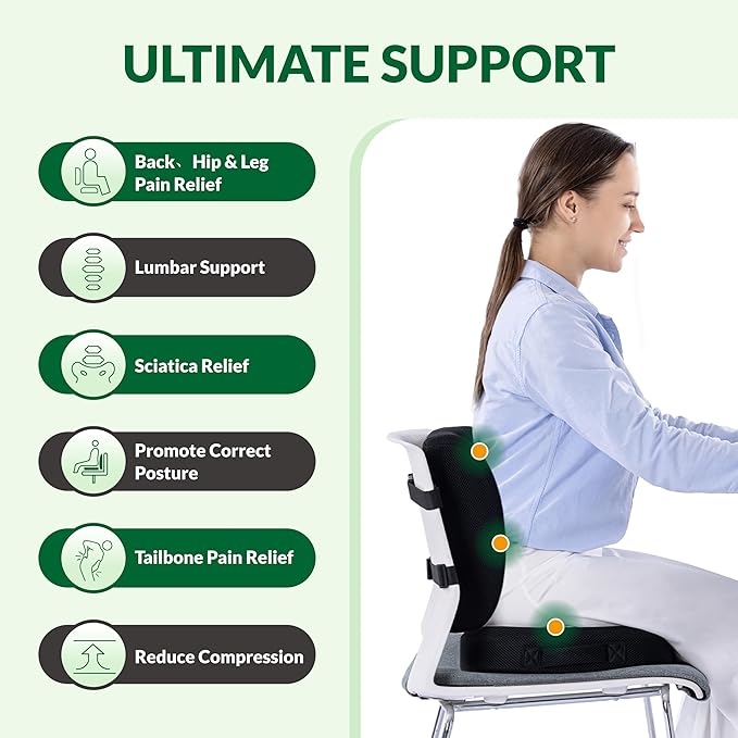 FuturaLoom Seat Cushion & Adjustable Lumbar Support Pillow Set,Charcoal Memory Foam for Sciatica,Back & Tailbone Pain Relief,Washable Cover & Non-Slip,Ergonomic for Office Chair,Car,Wheelchair -Black