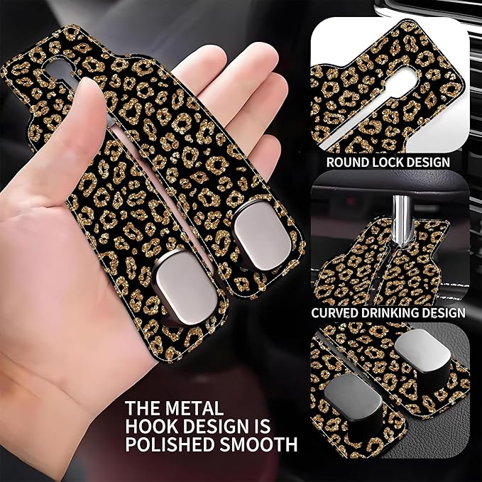 Car Headrest Purse Hanger Abstract Gold Glitter Leopard 1 Pack Bag Purse Holder for Car Premium Leather Double Metal Hook for Handbags, Grocery Bags and Phones