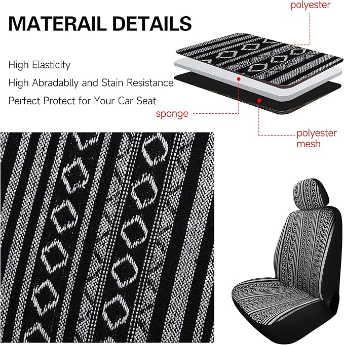 HAIYAOTIMES Baja Saddle Blanket Car Seat Covers Front Set with Seat Belt Pads, Washable Breathable Seat Covers for Cars, Universal Fit Interior Covers for Most Cars, Airbag Compatible, Black/White