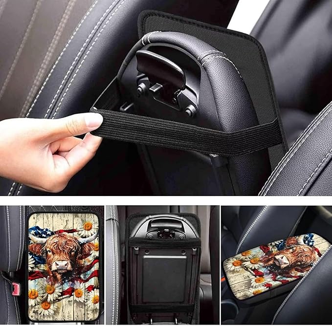 Suobstales Highland Cattle Daisy Print Car Armrest Pad Wood American Flag Design Soft Center Console Arm Rest Protector Cover Universal Car Interior Accessories Decoration