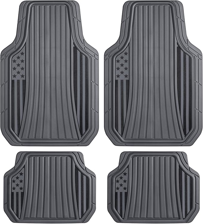 MotorTrend Black Flag Rubber Floor Mats – All Weather Car Mats with American Flag Stars & Stripes Design, Heavy-Duty Automotive Floor Mats for Cars, SUVs & Trucks Grey/Black