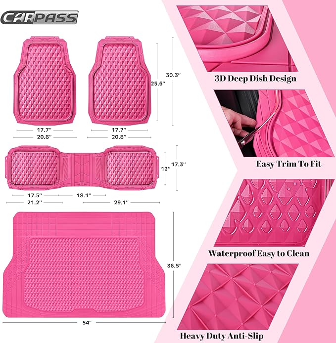 CAR PASS Heavy Duty Rubber Hot Pink Car Floor Mats & Cargo Liners, Deep Dish All-Weather Trunk Mats Durable Anti-Slip 3D Rhombus Waterproof Trim to Fit Liner Universal Fit Auto,Sedan,SUV,Truck, Pink