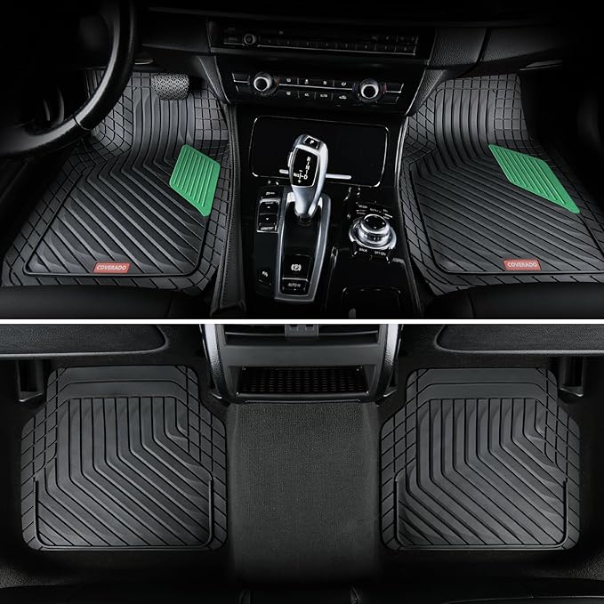 Coverado Car Floor Mats Full Set – Heavy-Duty PVC Floor Mats with Green Metallic Heel Pad, All-Weather Protection for Front & Rear, Non-Slip Backing, Easy-Clean Interior Liners