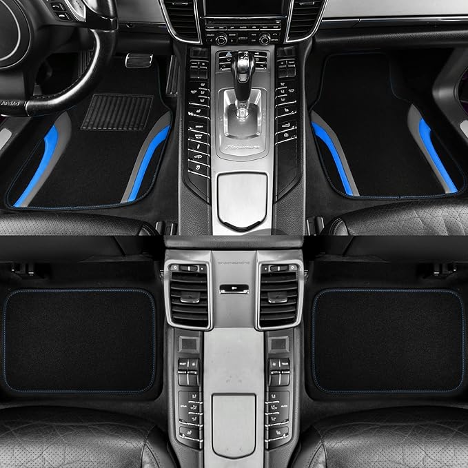 CAR PASS Leather Sporty Car Floor Mats Carpet, Universal Waterproof Automotive Floor Mat Fit for Sedans, Cars, Mid Trucks, Vans, SUV, Set of 4 (Black and Blue)