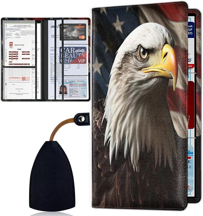 Car Document Holder with Magnetic Shut, Car Registration & Insurance Card Holder, Waterproof PU Leather Glove Box Organizer Vehicle Accessories Driver License for Women/Men, Bald Eagle Pattern