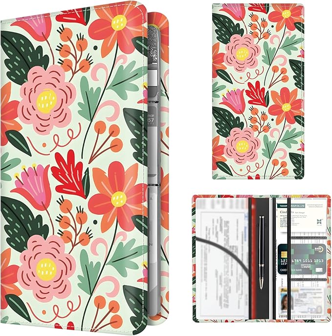 BAUCIWLD Premium Car Registration and Insurance Card Holder, Cute PU Leather Car Document Holder, Vehicle Glove Box Car Organizer with Magnetic Closure for Driver License, Cards Bright Exotic Floral