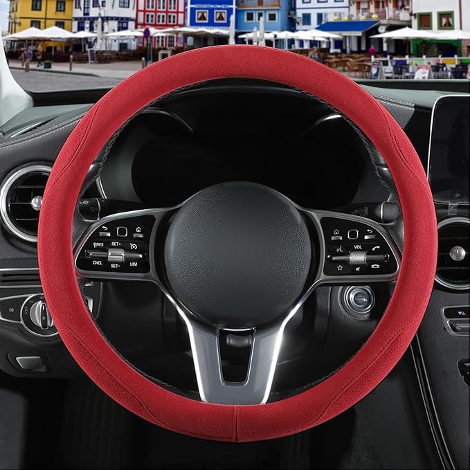 Red Suede Steering Wheel Cover Large for Model X Model S Ford F150 F250 F350, Breathable Non-Slip Sweat-Proof Wear-Resistant, Warm in Winter and Cool in Summer, 15.5 inch to 16 inch