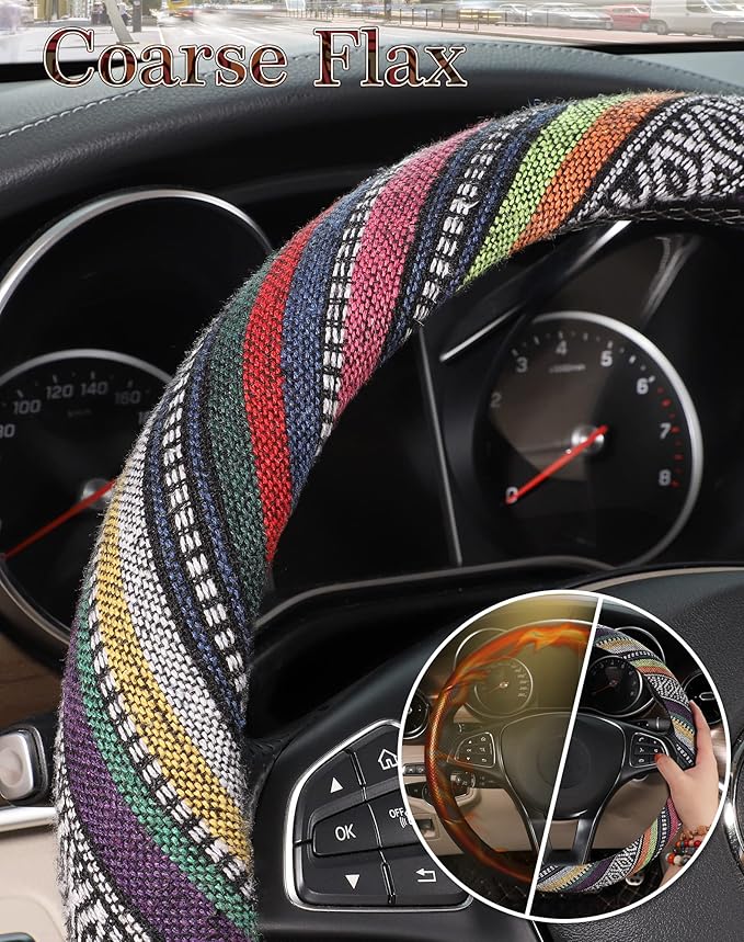 SEG Direct Boho Steering Wheel Cover with Baja Blanket Cloth, Ethnic Style Auto Wheel Cover Made of Coarse Flax, Fits 14 1/2-15 1/4 inches Car Wheel
