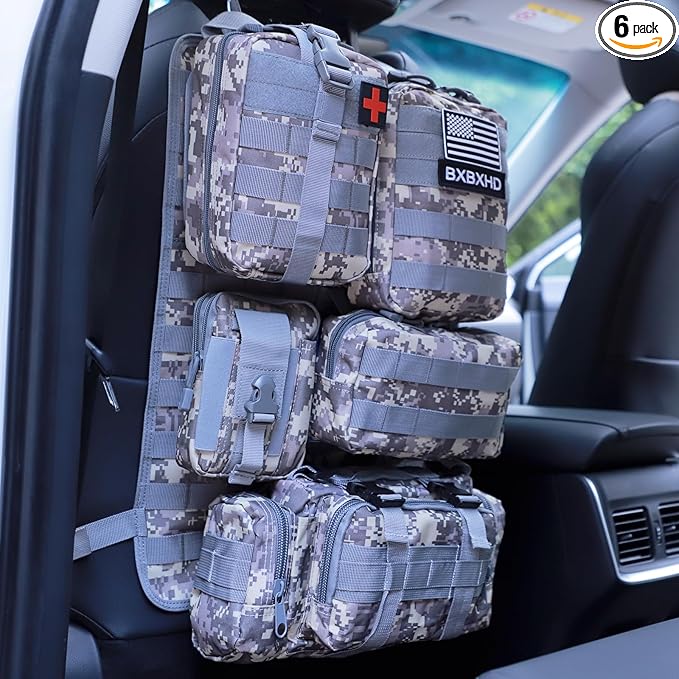 Universal Tactical Car Seat Back Organizer Bag Tactical Molle Vehicle Organizers Panel Vehicle Protector Organizers with 5 Detachable Pouches for Car Truck Ford Jeep (ACU)