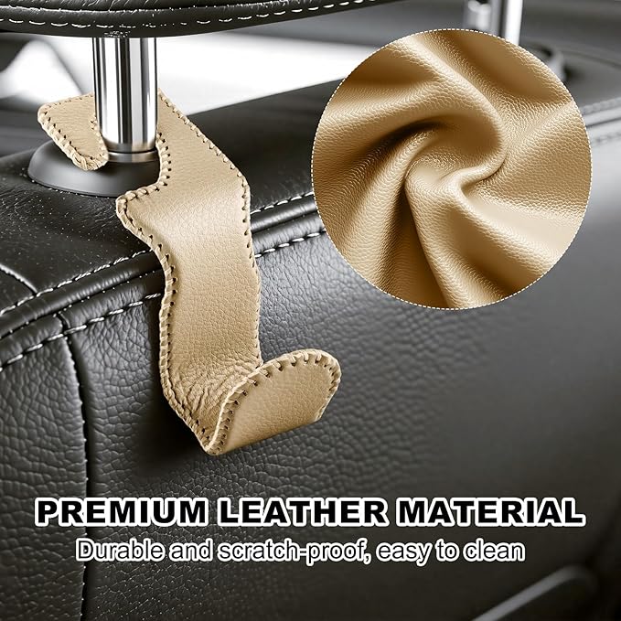 Car Seat Hooks for Purses and Bags, 4 Pack Car Purse Holder for Grocery Bag Handbag Clothes, Metal Headrest Hooks Covered by Leather, Beige