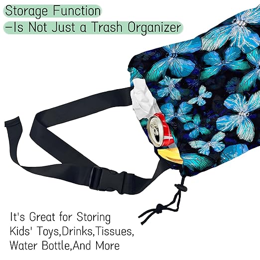 NHNXHWIA Blue Butterfly Car Trash Bag,Hanging Drawstring Car Garbage Bag,Waterproof Canvas Car Back Seat Organizer with Adjustable Buckle,for Vehicles,SUVs,Camping,Road Trips