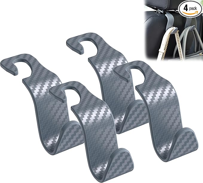 Amooca Car Seat Headrest Hook 4 Pack Hanger Universal Vehicle Car Storage Organizer for Handbag Purse Coat S Type Checkered Grey