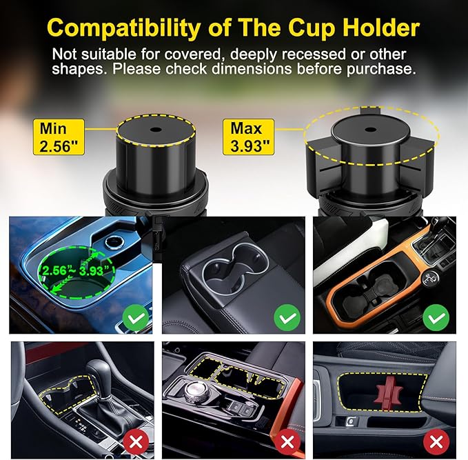 Cup Holder Expander, Upgraded Car Cup Holder Expander for Yeti, Hydro Flask, Nalgene, Takeya, Camelbak, Ramblers, Owala, Tumblers, Mugs, Bottles in 2.6"- 4.8", No Tools Required