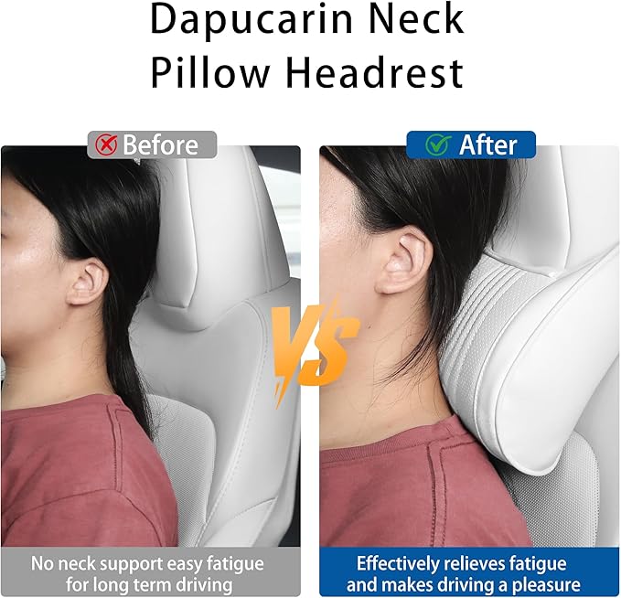 Dapucarin Car Headrest Memory Foam Neck Pillow for Driving with Leather Cover Soft Comfortable Seat Head Pillow Cushion for Most Cars SUV Sedan Home Office, White, 1PC