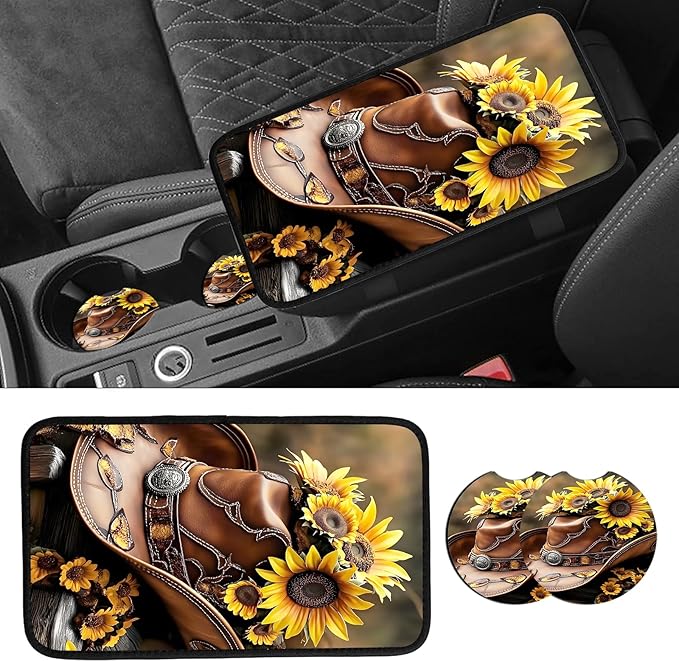 JANENFNA Car Armrest Cover Pads Universal Fashion Cute Auto Center Console Armrest Cover Pad with 2PCS Car Coasters Soft Waterproof Car Armrest Seat Protector for Women,Cowboy Hat Sunflowers-A