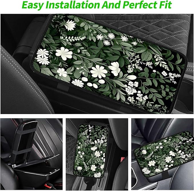 JANENFNA Car Armrest Cover Pads Universal Fashion Cute Auto Center Console Armrest Cover Pad with 2PCS Car Coasters Soft Waterproof Car Armrest Seat Protector for Women,White Flowers