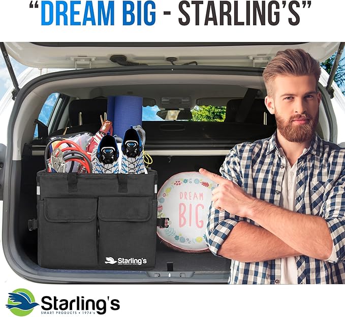 Starling's Car Trunk Organizer Super Strong, Foldable Storage Cargo Box for SUV, Auto, Truck Nonslip Waterproof Bottom, Fits any Vehicle, Come w Adjustable TieDown Straps W LID (Black, 2
