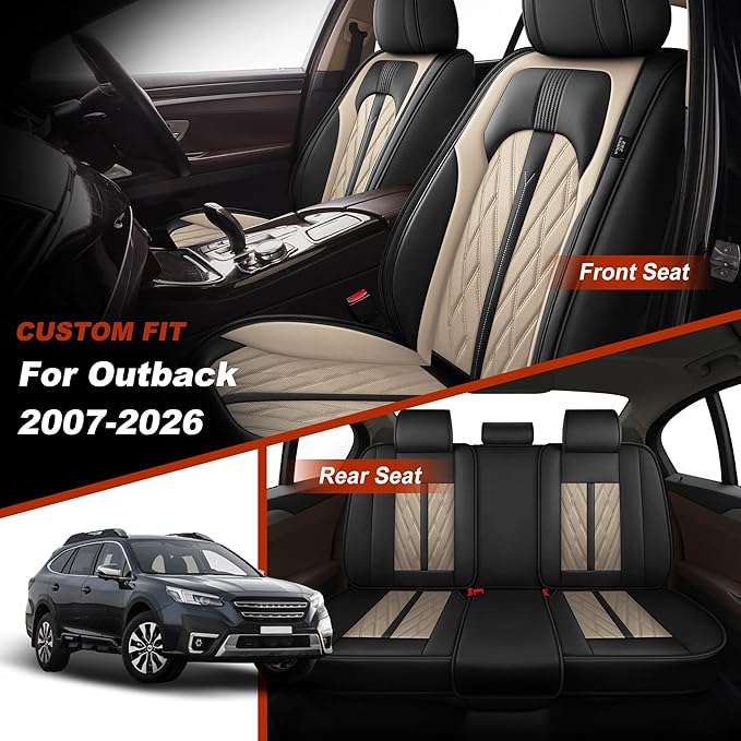 TTX LIGHTING Seat Covers Fit for Subaru Outback 2007-2026 Seat Covers Full Set Car Seat Covers Faux Leather Breathable Waterproof Car Seat Protector (5 Seats, Black&Beige)