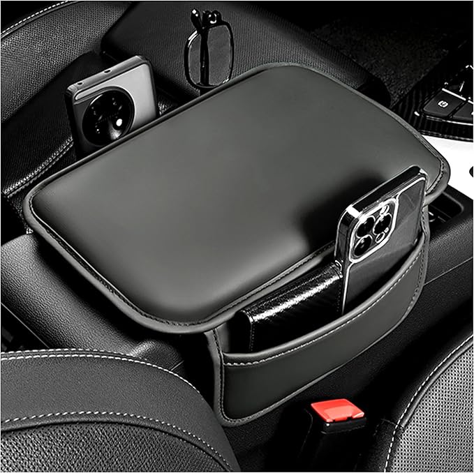 Stacool Center Console Cover with Storage Bag,Leather Comfort Armrest Cover for Car Decorations & Height Car Armrest Cushion,Universal Car Arm Rest Cover Pad for Most Vehicles (Gray)