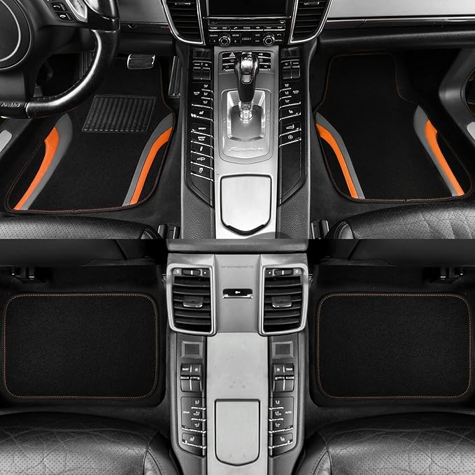CAR PASS Leather Sporty Car Floor Mats Carpet, Universal Waterproof Automotive Floor Mat Fit for Sedans, Cars, Mid Trucks, Vans, SUV, Set of 4 (Black and Orange)