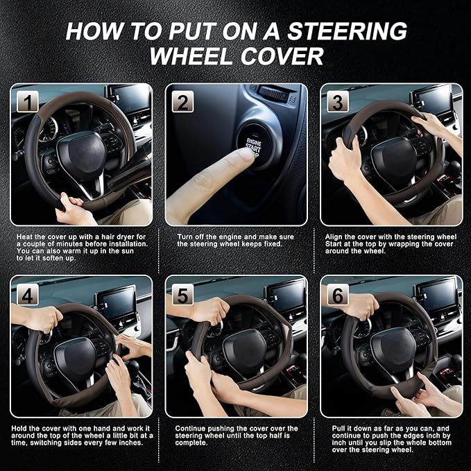 SEG Direct Steering Wheel Cover for 14.5-15 inch Wheels, Breathable PU Leather with Perforated Sides, Anti-Slip Grip, Universal Fit for Cars & SUVs, Black and Brown