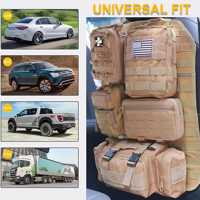 Universal Tactical Car Seat Back Organizer Bag Tactical Molle Vehicle Organizers Panel Vehicle Protector Organizers with 5 Detachable Pouches for Car Truck Ford Jeep (Model B-Khaki)