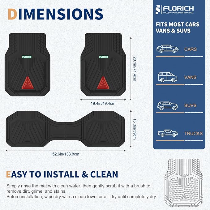 FLORICH Car Floor Mats, Heavy Duty Floor Mats for Cars, 3 Piece All-Weather Floor Mats with Anti-Slip Backing, Universal Trim-to-Fit, Waterproof Automotive Floor Mat for Cars Trucks SUV (Red)