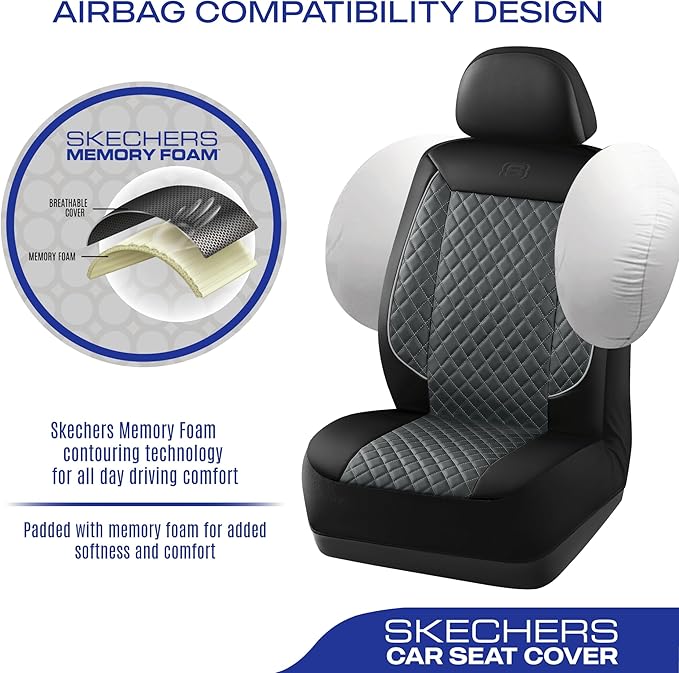Skechers Car Seat Covers,Piping Luxury Faux Seat Covers,Waterproof Anti Slip Car Seat Protector Front Seats,Car Accessories Airbag Universal Fit for Most Cars,Vans,Trucks,SUV,Gray