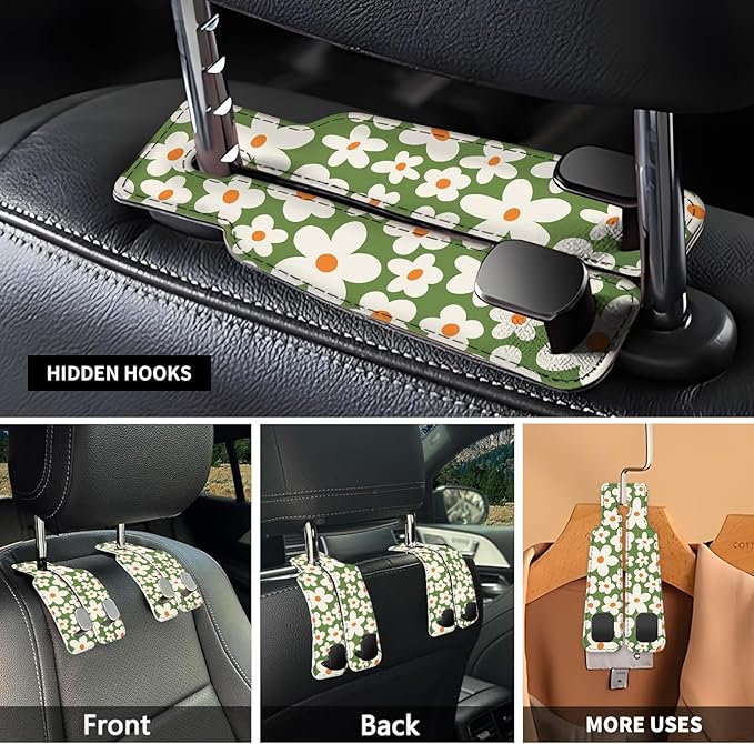 NUGGHU Car Seat Headrest Hook, Universal Leather Cute Hanger Holder Hook, Storage Organizer Interior Accessories for Purse Bags Handbag Cute Green Daisy