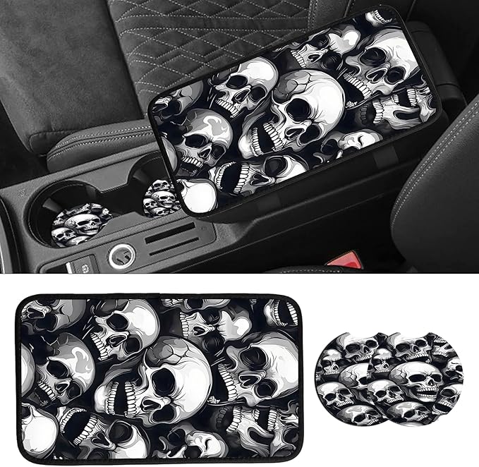 JANENFNA Car Armrest Cover Pads Universal Fashion Cute Auto Center Console Armrest Cover Pad with 2PCS Car Coasters Soft Waterproof Car Armrest Seat Protector for Women,Pile of Skulls