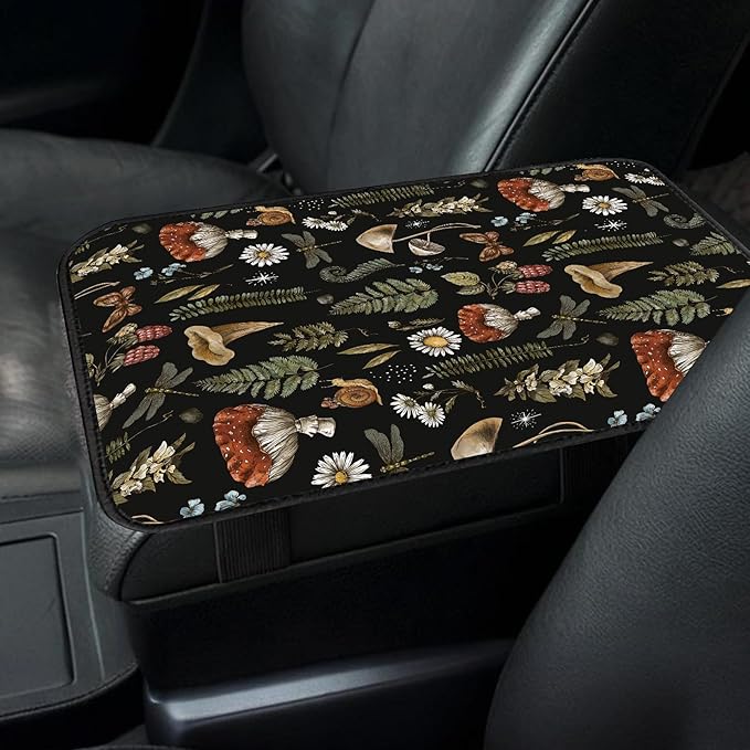Car Center Console Cover, Universal Soft Large Neoprene Auto Armrest Seat Box Cover, Funny Car Decor Accessories Fit for Most Cars, Vehicles, SUVs Cute Boho Mushroom