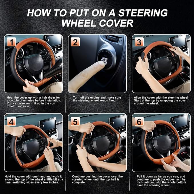 SEG Direct D Shaped Steering Wheel Cover for 14.5-15 inch Flat Bottom Wheels, Breathable Perforated Microfiber Leather, Anti-Slip Grip, Universal Fit for Cars & SUVs, Black and Orange