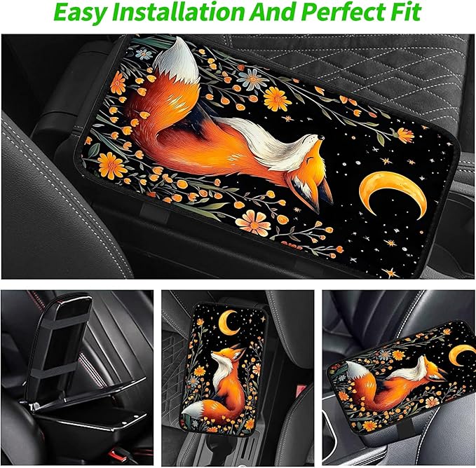 JANENFNA Car Armrest Cover Pads Universal Fashion Cute Auto Center Console Armrest Cover Pad with 2PCS Car Coasters Soft Waterproof Car Armrest Seat Protector for Women,Cute Fox Pattern