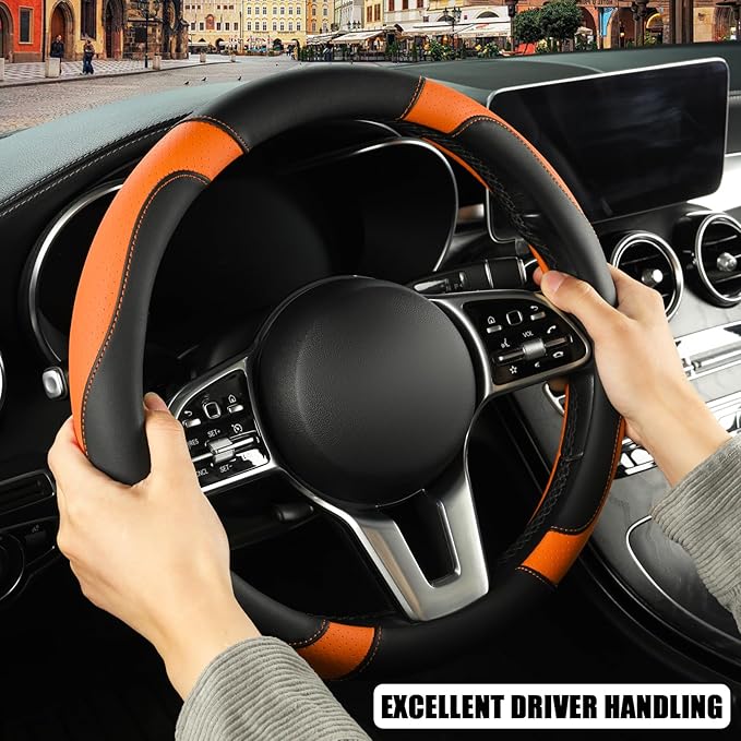 Binsheo Microfiber Leather D Shaped Steering Wheel Cover, Breathable, Anti Slip, Universal 15 inch, Black with Orange